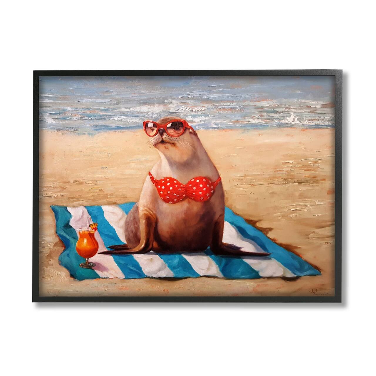Stupell Industries Polka Dot Bikini Sea Lion Tropical Drink Beach Scene Framed Wall Art
